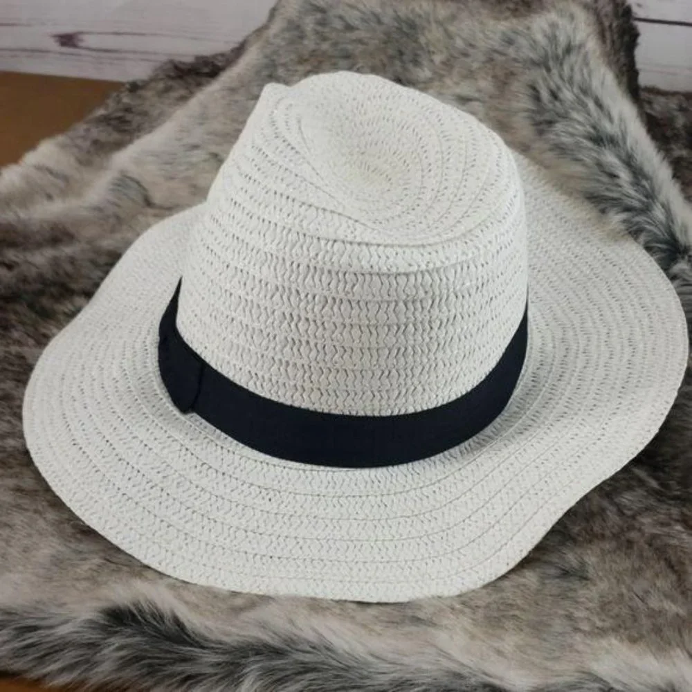 White Panama‎ Sun Beach Hat black Ribbon foldable